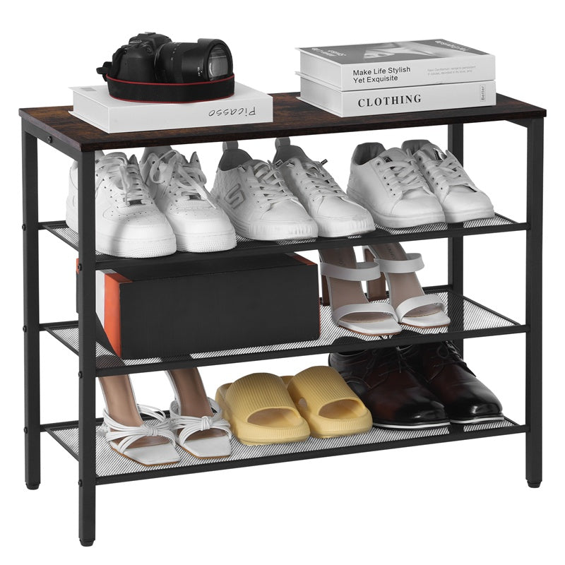 4-tier Shoe Rack With Grid Rack Wooden Rustic Foyer Shoe Rack With Coat Hook, Suitable For The Steel Frame Of The Living Room Mud Room At The Front Door Of The Corridor