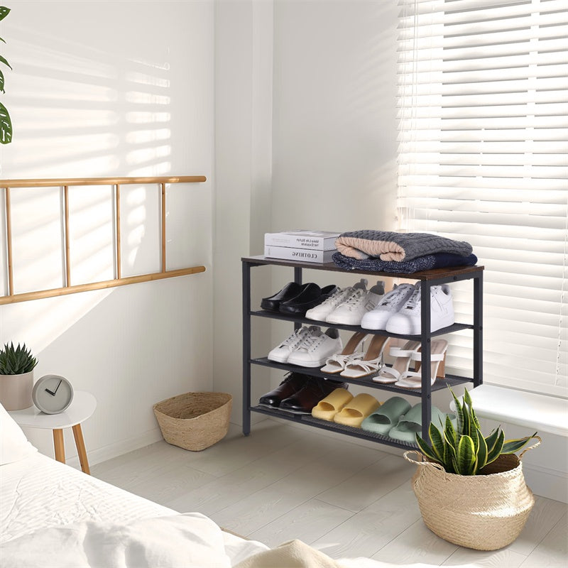 4-tier Shoe Rack With Grid Rack Wooden Rustic Foyer Shoe Rack With Coat Hook, Suitable For The Steel Frame Of The Living Room Mud Room At The Front Door Of The Corridor