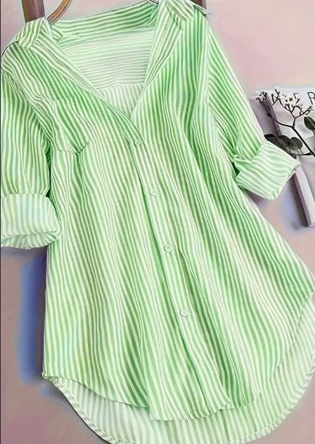 Stripe Print Button Front Blouse, Casual Long Sleeve Blouse For Spring & Fall, Women's Clothing
