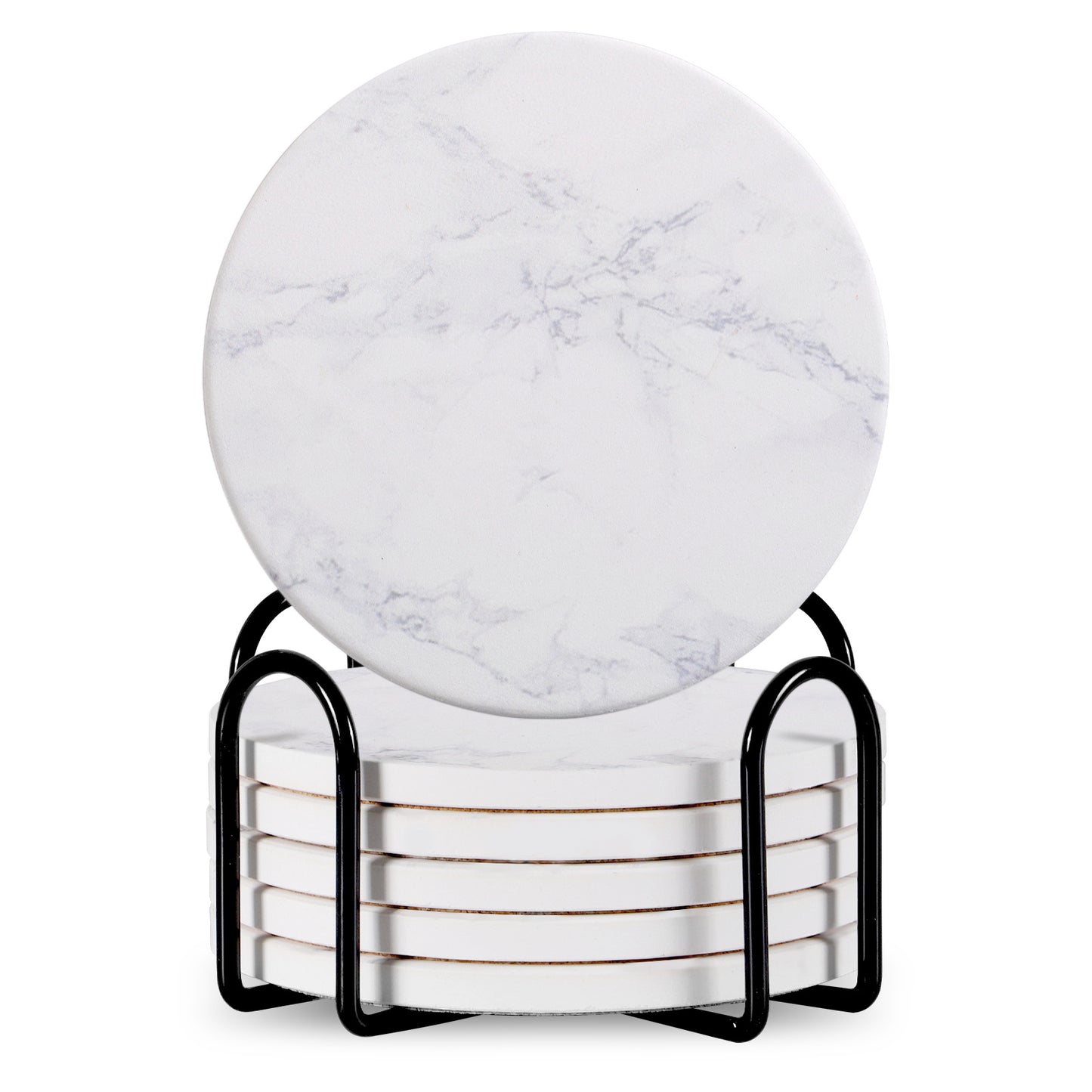 Set Of 6 Beverage Coasters With Stand Round 4in Ceramic Coaster With Metal Stand Absorbent Marble Stone Coaster With Cork Base