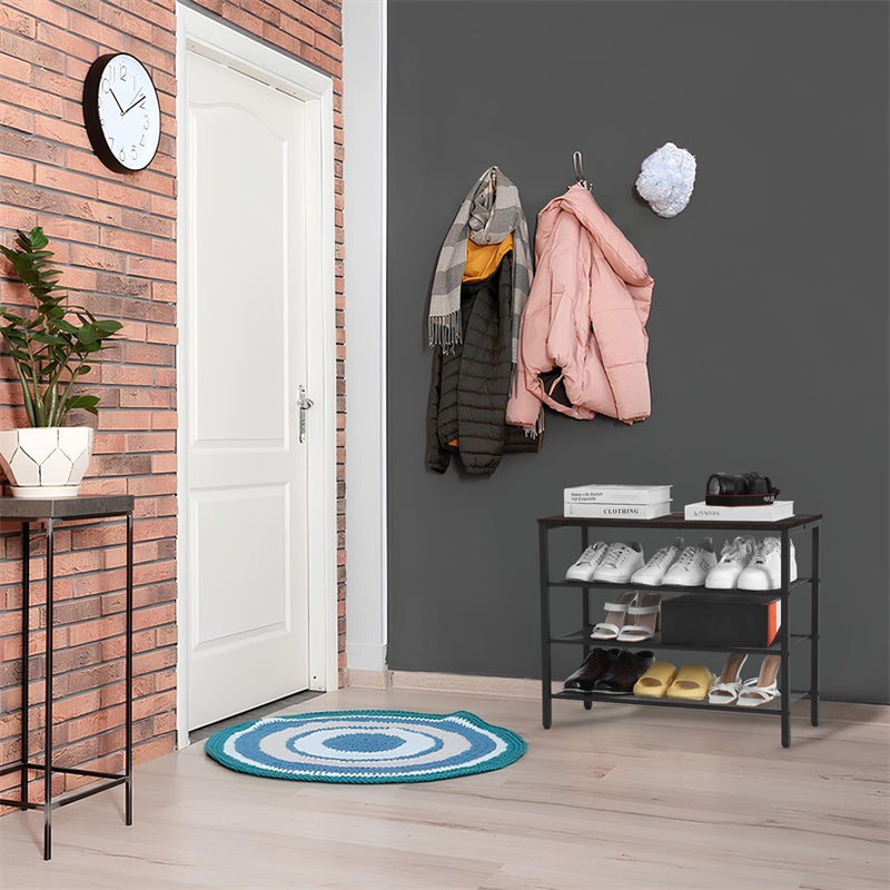 4-tier Shoe Rack With Grid Rack Wooden Rustic Foyer Shoe Rack With Coat Hook, Suitable For The Steel Frame Of The Living Room Mud Room At The Front Door Of The Corridor