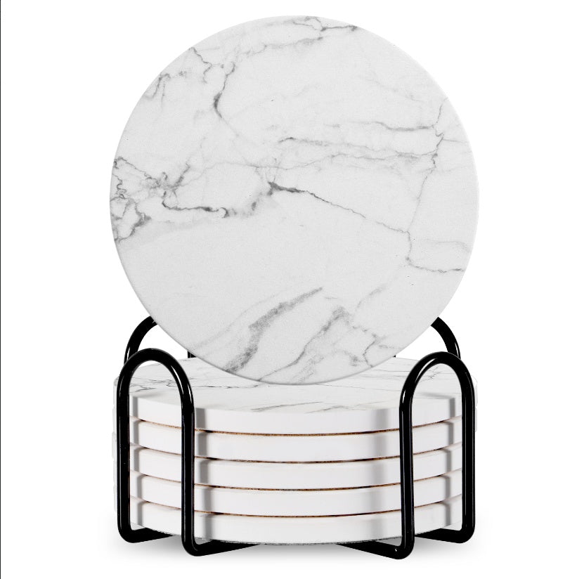 Set Of 6 Beverage Coasters With Stand Round 4in Ceramic Coaster With Metal Stand Absorbent Marble Stone Coaster With Cork Base