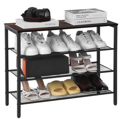 4-tier Shoe Rack With Grid Rack Wooden Rustic Foyer Shoe Rack With Coat Hook, Suitable For The Steel Frame Of The Living Room Mud Room At The Front Door Of The Corridor
