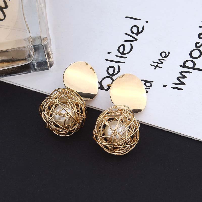 Vintage Geometric Earrings Simple Woven Ball Pearl Stud Earrings