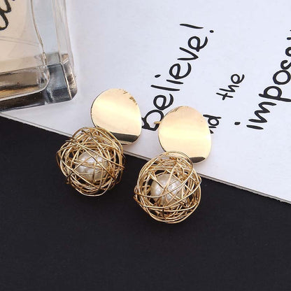 Vintage Geometric Earrings Simple Woven Ball Pearl Stud Earrings