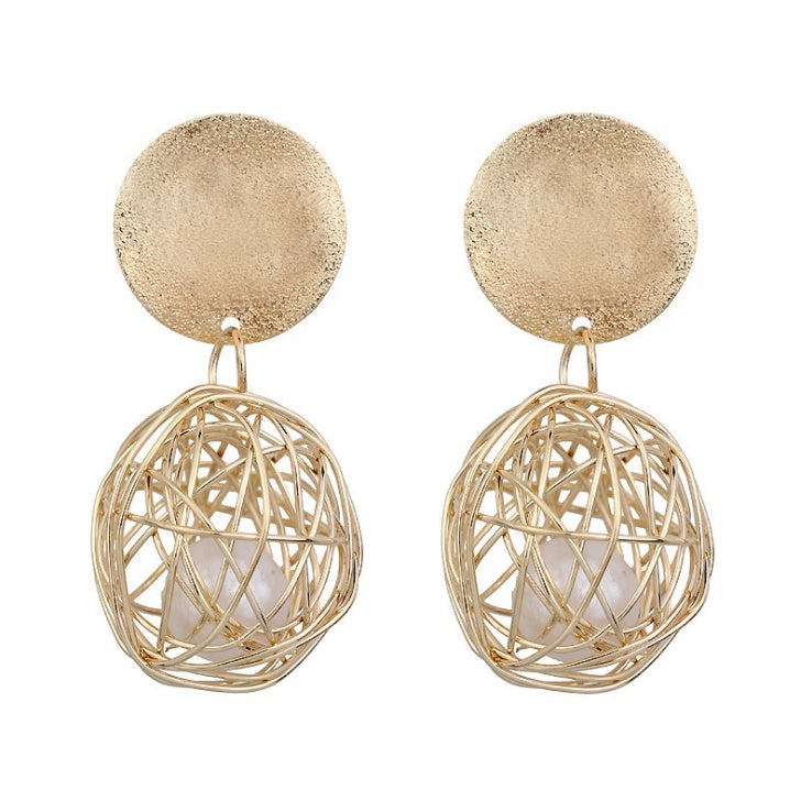 Vintage Geometric Earrings Simple Woven Ball Pearl Stud Earrings