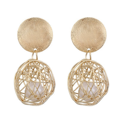 Vintage Geometric Earrings Simple Woven Ball Pearl Stud Earrings