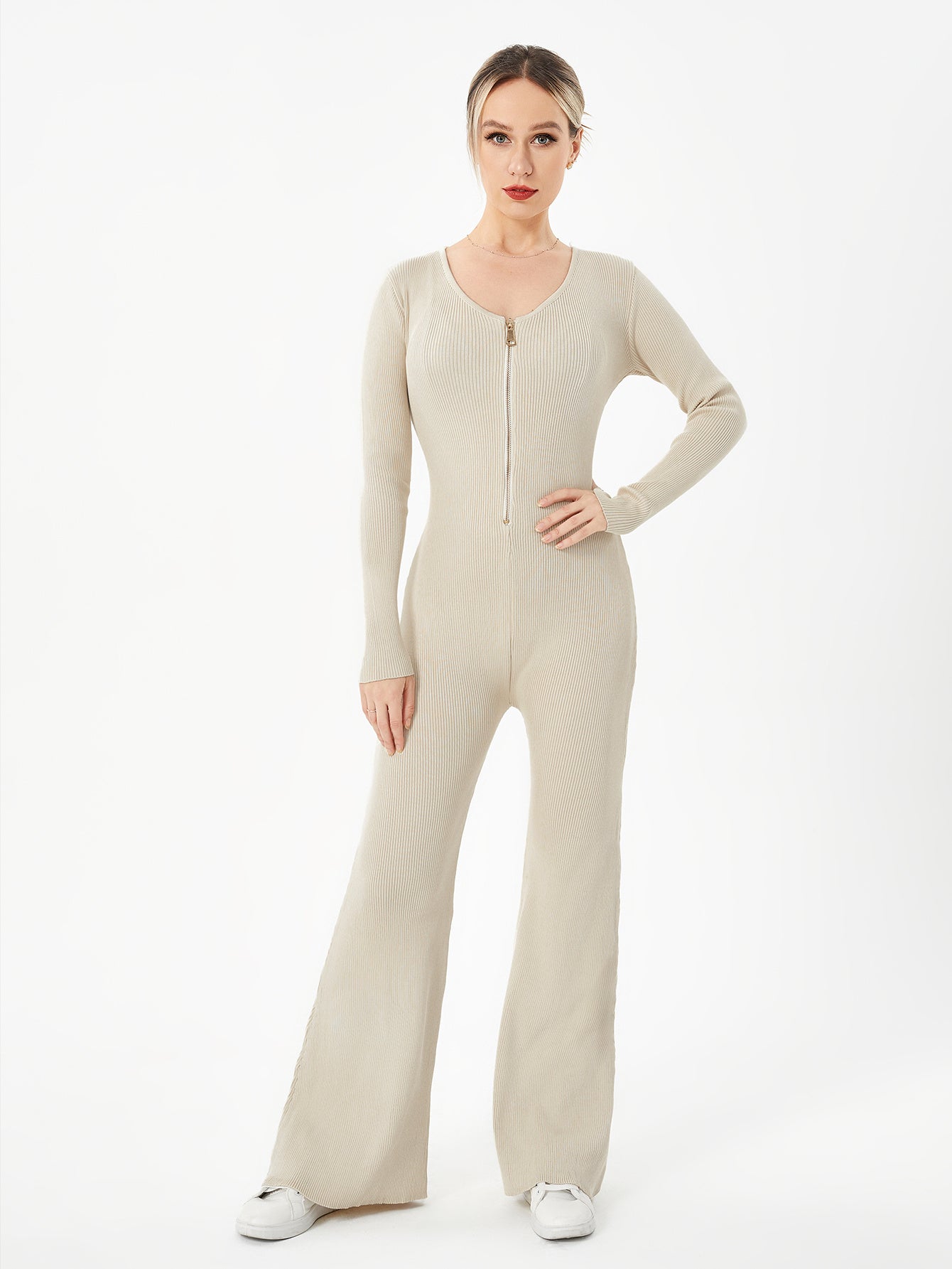 Zippered Round Neck Flared Trousers