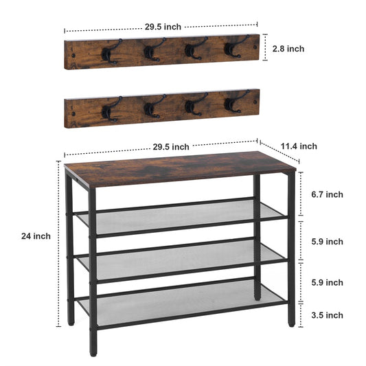 4-tier Shoe Rack With Grid Rack Wooden Rustic Foyer Shoe Rack With Coat Hook, Suitable For The Steel Frame Of The Living Room Mud Room At The Front Door Of The Corridor