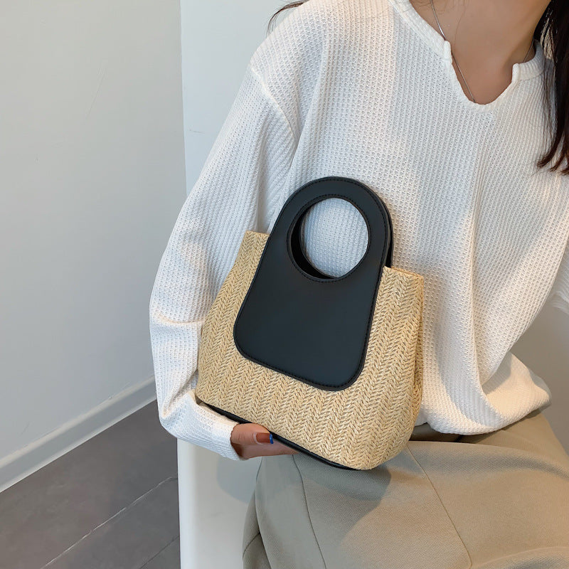 Large Capacity Handmade Summer Retro Color Contrast Patchwork Straw Bag