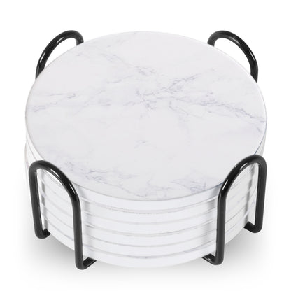 Set Of 6 Beverage Coasters With Stand Round 4in Ceramic Coaster With Metal Stand Absorbent Marble Stone Coaster With Cork Base