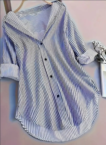 Stripe Print Button Front Blouse, Casual Long Sleeve Blouse For Spring & Fall, Women's Clothing