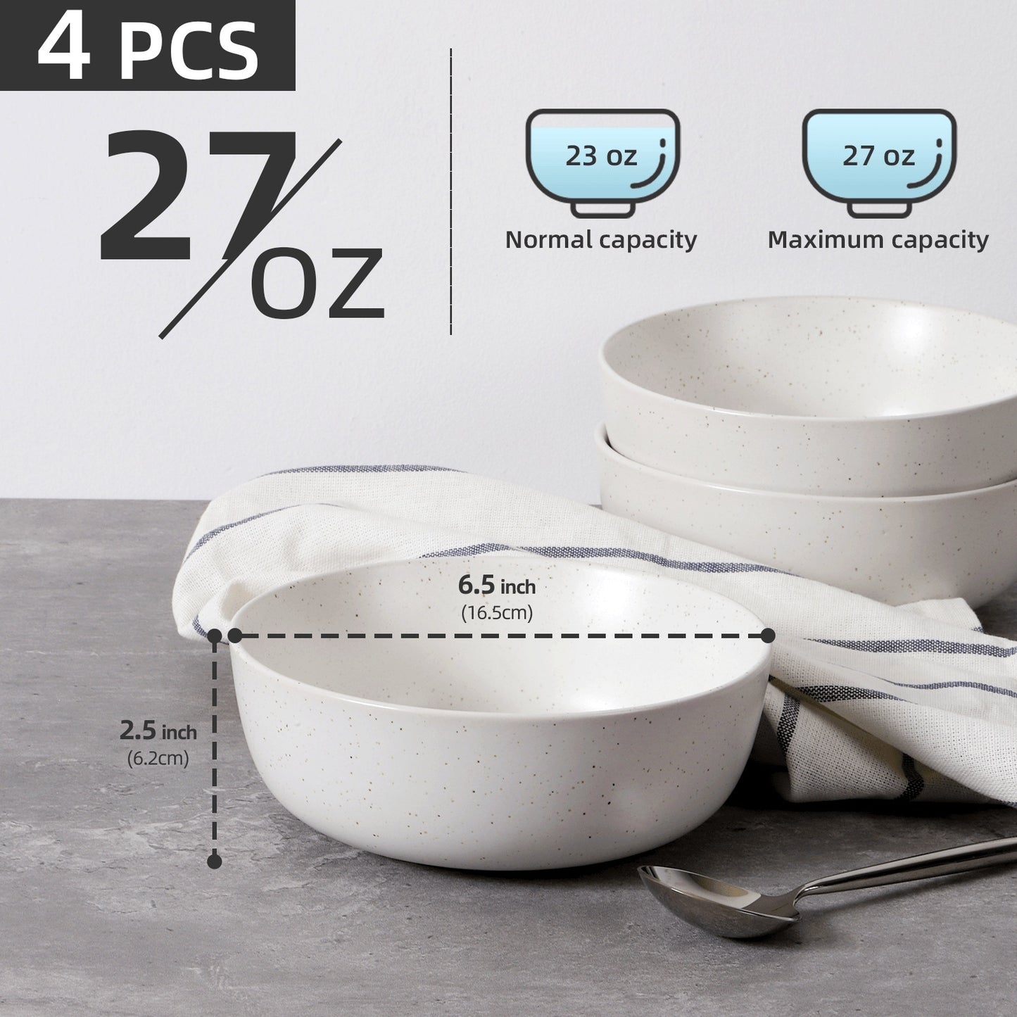Ceramic Bowls For Kitchen, 27oz  Bowl Set Of 4  For Cereal, Salad, Pasta, Soup, Dessert, Serving  Dishwasher, Microwave And Oven Safe